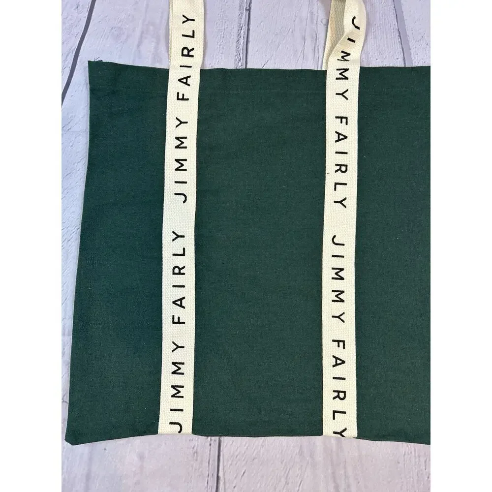 Jimmy Fairly Tote Bag Green Canvas White Logo Straps Reusable Tote 17" x 17" - Picture 3 of 5